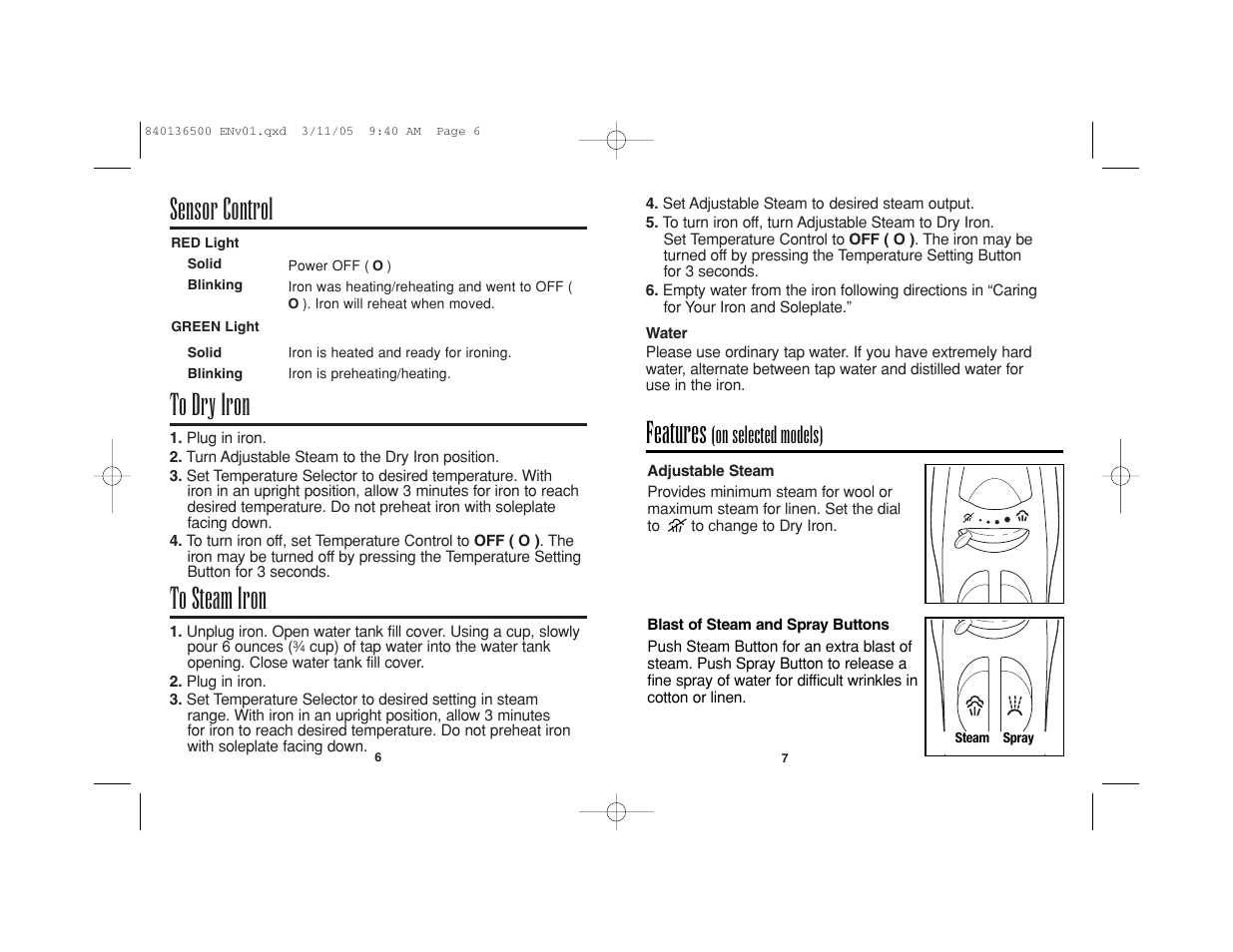 Sensor control, Features, On selected models) | Hamilton Beach HIR800 User Manual | Page 4 / 23