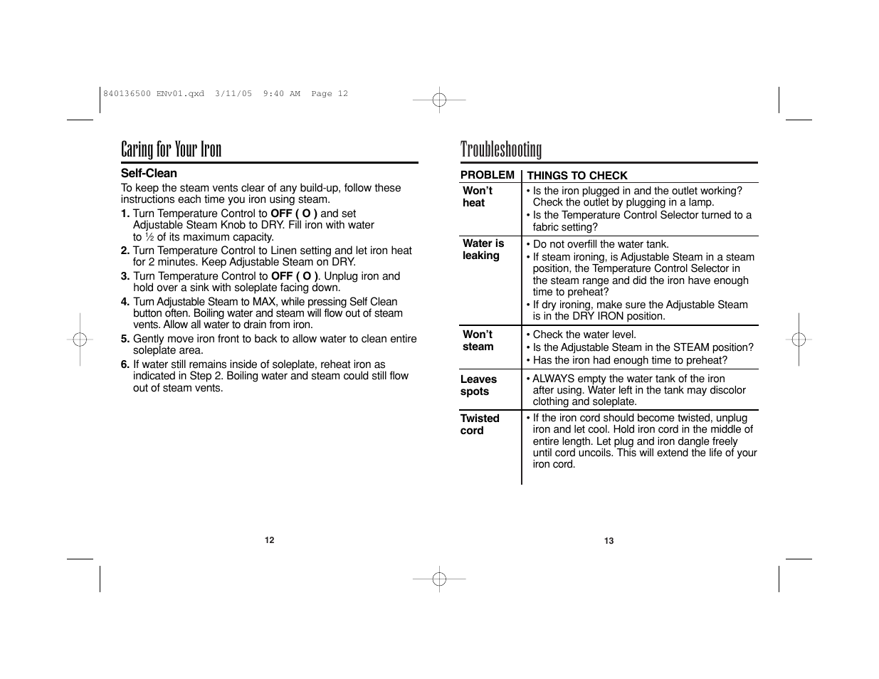 Troubleshooting, Caring for your iron | Hamilton Beach HIR800 User Manual | Page 7 / 23