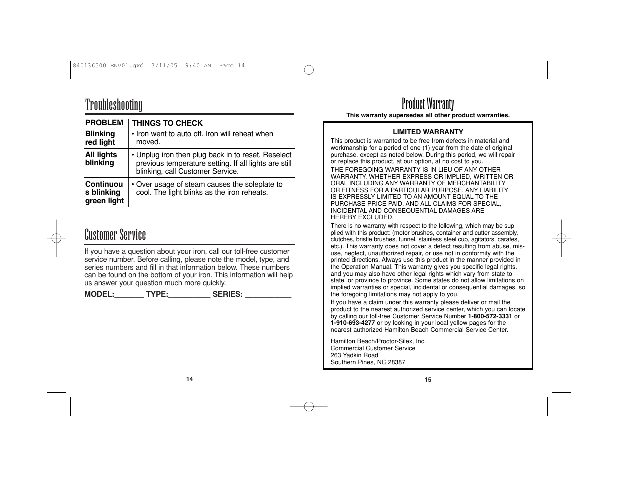 Customer service, Troubleshooting, Product warranty | Hamilton Beach HIR800 User Manual | Page 8 / 23