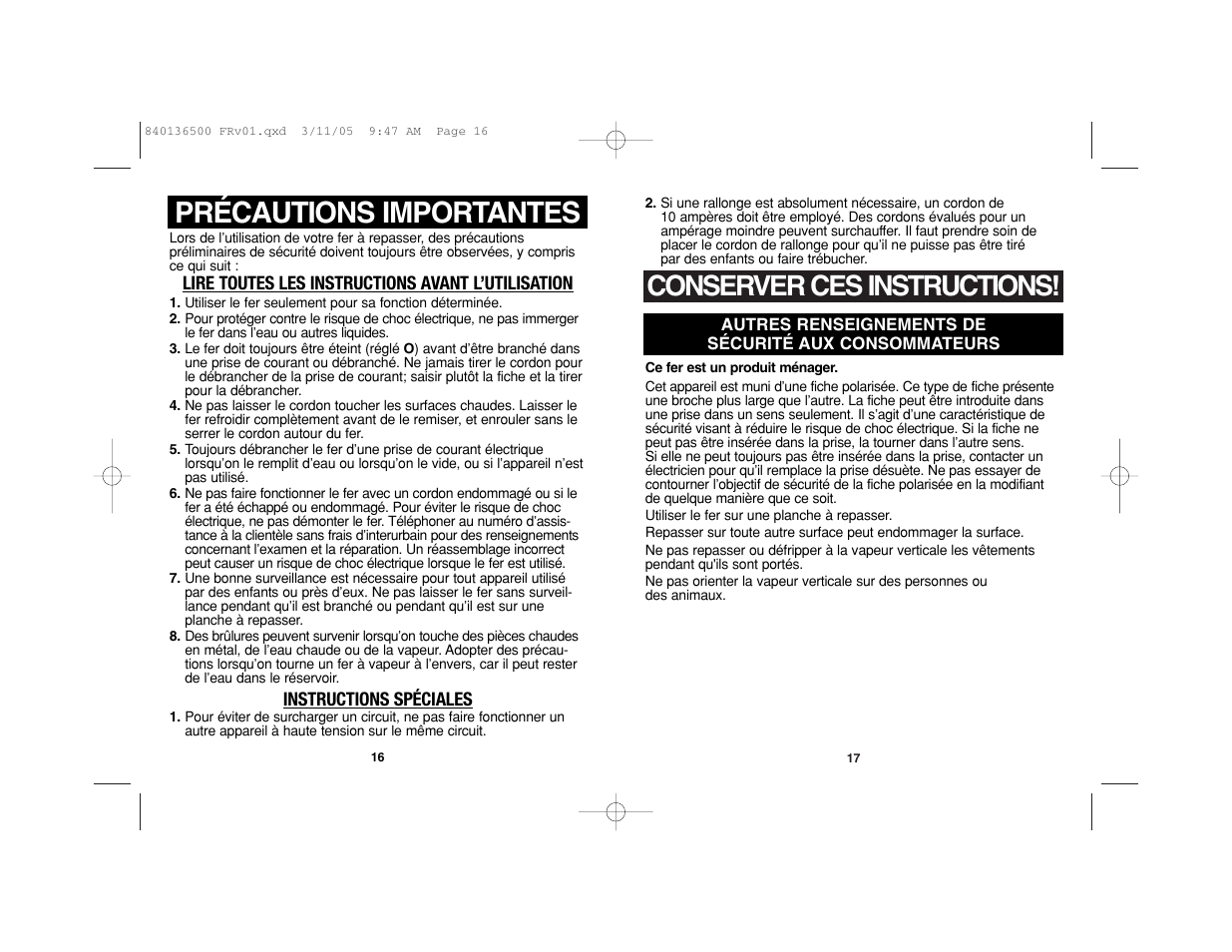 Précautions importantes, Conserver ces instructions | Hamilton Beach HIR800 User Manual | Page 9 / 23