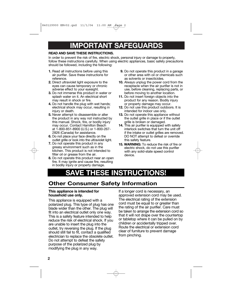 Important safeguards save these instructions, Other consumer safety information | Hamilton Beach 04161 User Manual | Page 2 / 48