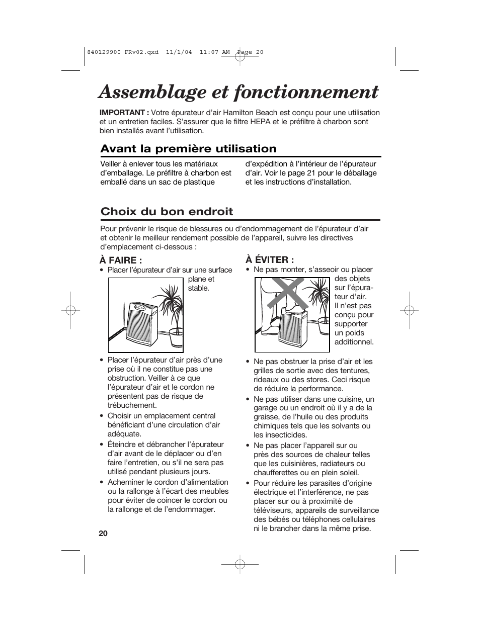 Assemblage et fonctionnement, Choix du bon endroit, Avant la première utilisation | Hamilton Beach 04161 User Manual | Page 20 / 48