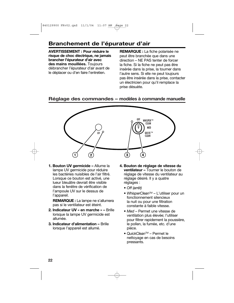 Branchement de l’épurateur d’air | Hamilton Beach 04161 User Manual | Page 22 / 48