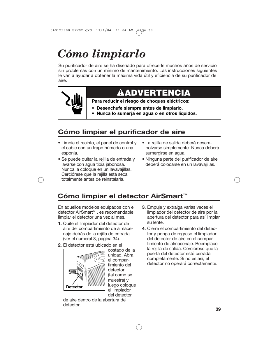 Cómo limpiarlo, Wadvertencia, Cómo limpiar el purificador de aire | Cómo limpiar el detector airsmart | Hamilton Beach 04161 User Manual | Page 39 / 48