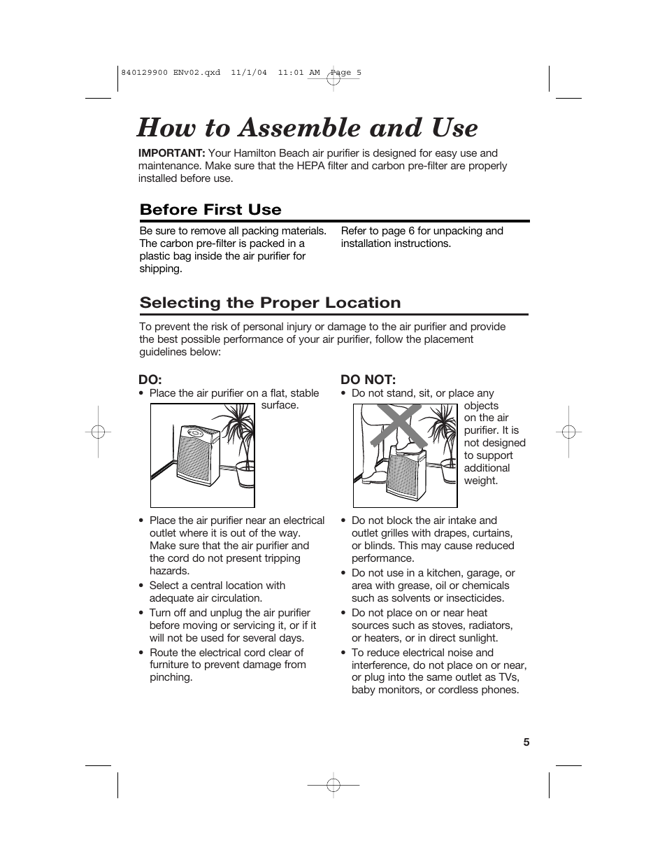 How to assemble and use, Selecting the proper location, Before first use | Hamilton Beach 04161 User Manual | Page 5 / 48