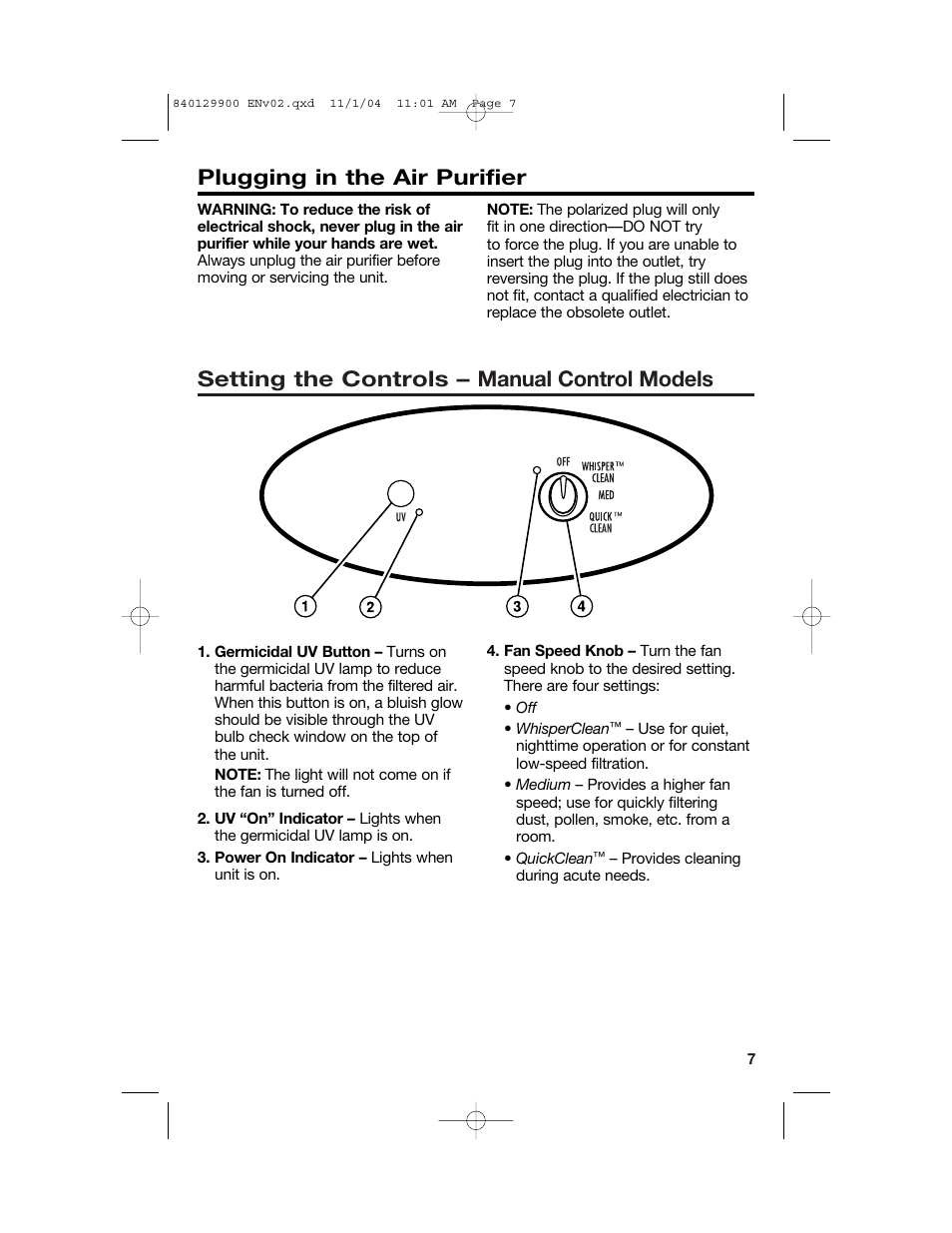 Setting the controls – manual control models, Plugging in the air purifier | Hamilton Beach 04161 User Manual | Page 7 / 48