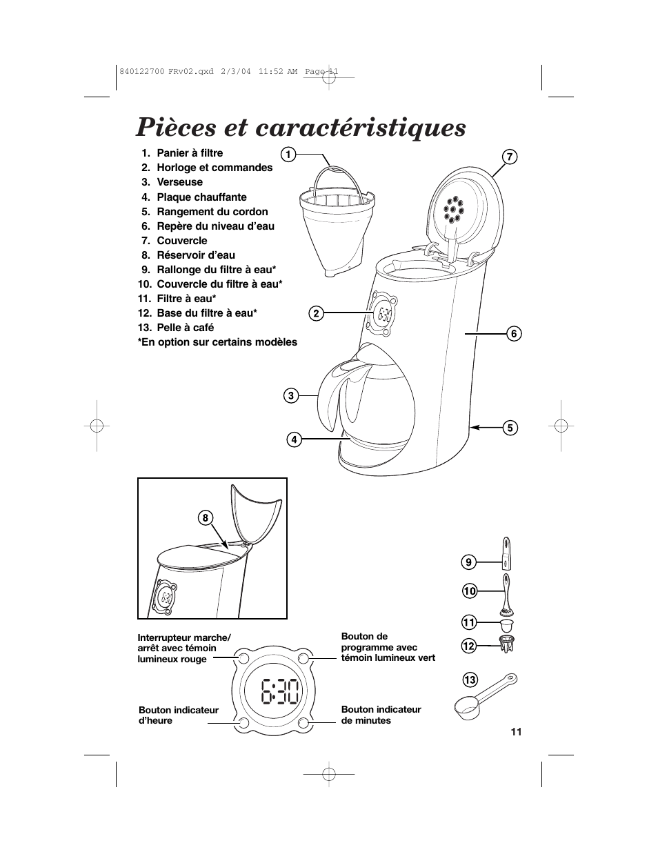 Pièces et caractéristiques | Hamilton Beach Coffemaker User Manual | Page 11 / 28