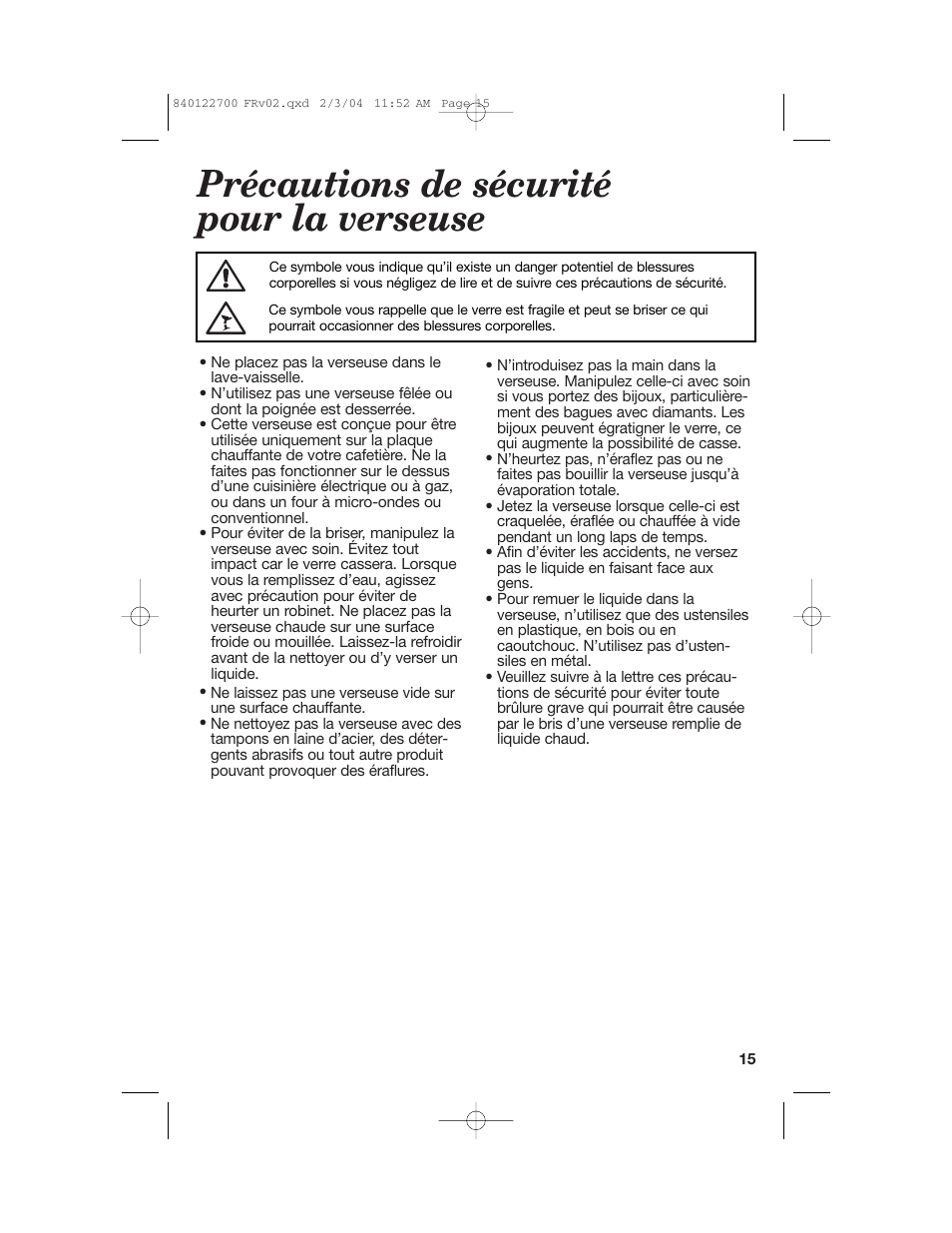 Précautions de sécurité pour la verseuse | Hamilton Beach Coffemaker User Manual | Page 15 / 28