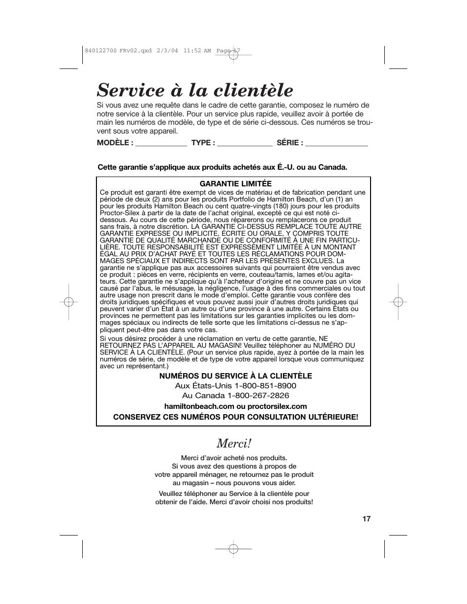 Service à la clientèle, Merci | Hamilton Beach Coffemaker User Manual | Page 17 / 28