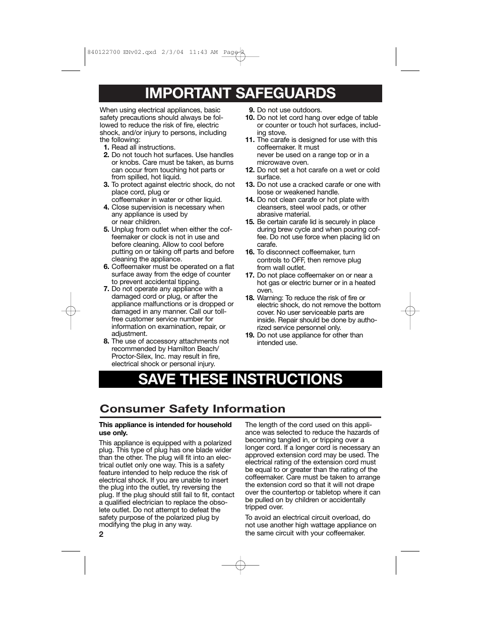 Important safeguards, Save these instructions, Consumer safety information | Hamilton Beach Coffemaker User Manual | Page 2 / 28