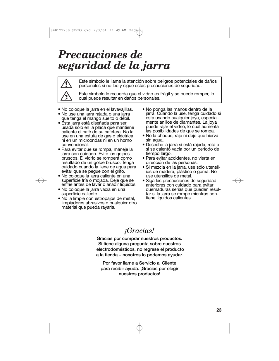 Precauciones de seguridad de la jarra, Gracias | Hamilton Beach Coffemaker User Manual | Page 23 / 28