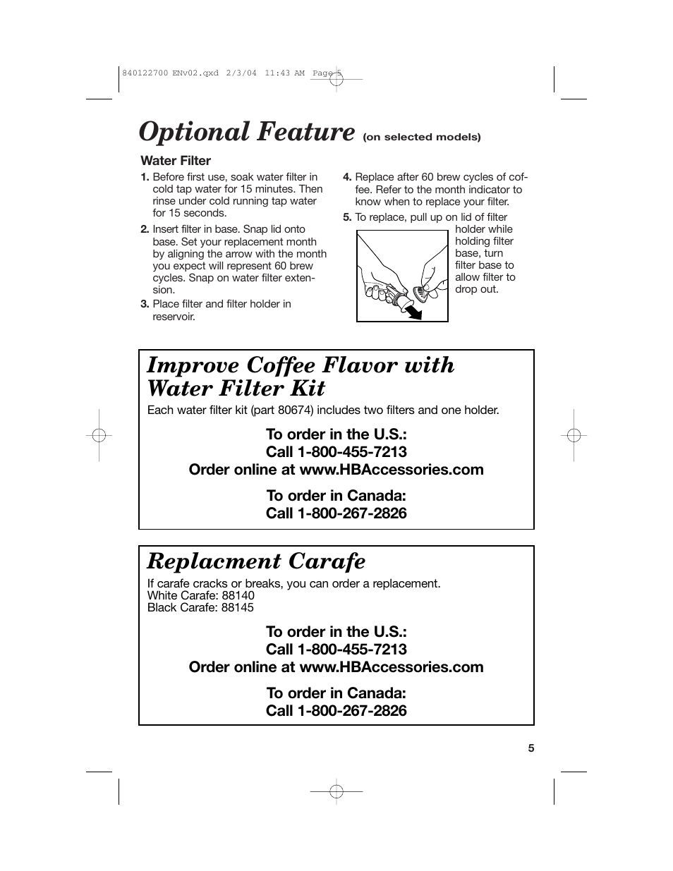 Optional feature, Improve coffee flavor with water filter kit, Replacment carafe | Hamilton Beach Coffemaker User Manual | Page 5 / 28