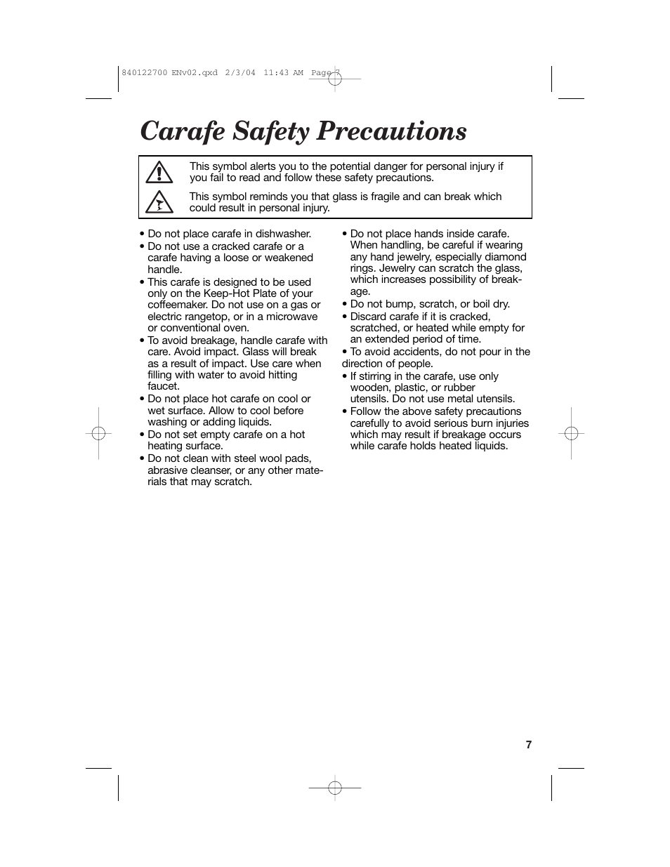 Carafe safety precautions | Hamilton Beach Coffemaker User Manual | Page 7 / 28