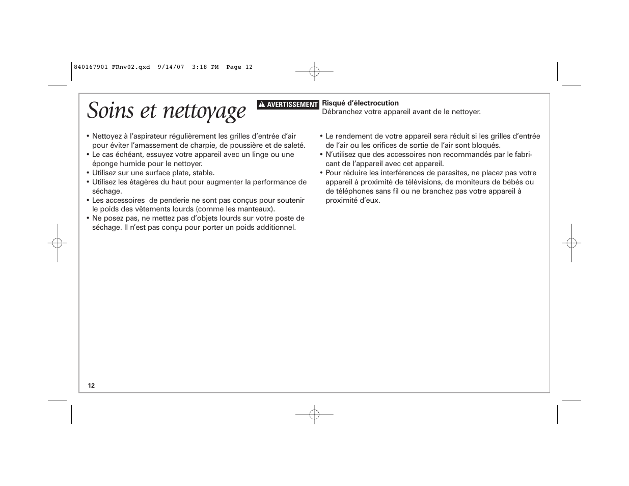 Soins et nettoyage | Hamilton Beach 5 A User Manual | Page 12 / 20