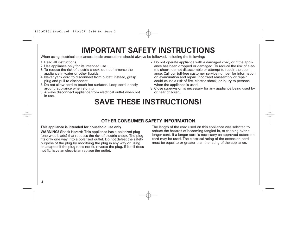 Important safety instructions, Save these instructions | Hamilton Beach 5 A User Manual | Page 2 / 20