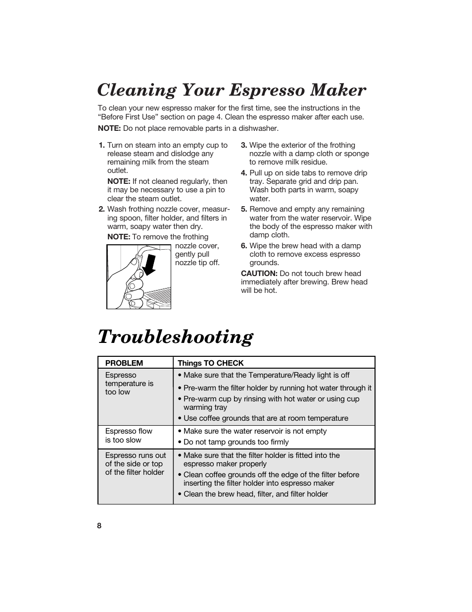 Troubleshooting, Cleaning your espresso maker | Hamilton Beach Cappuccino Plus User Manual | Page 8 / 10