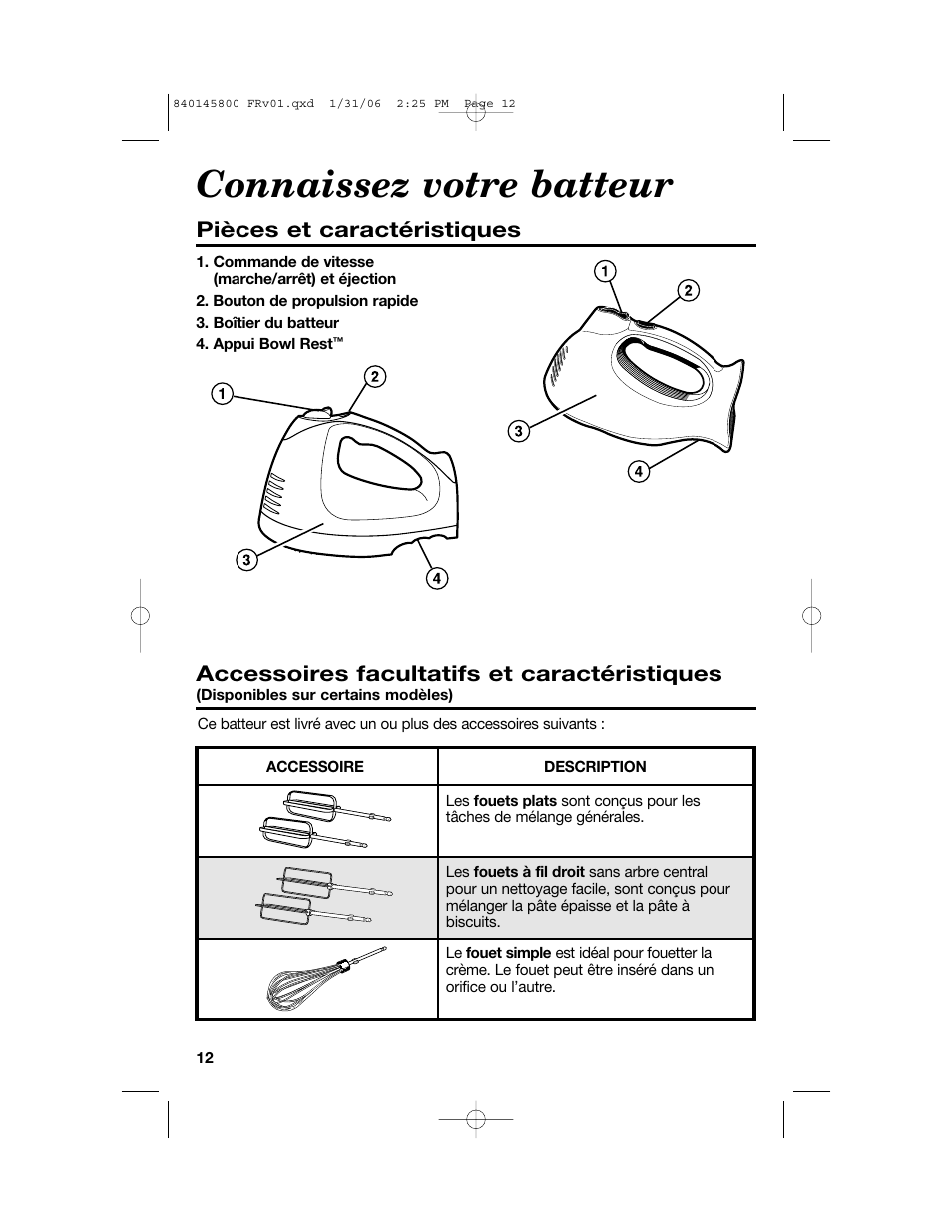 Connaissez votre batteur, Pièces et caractéristiques, Accessoires facultatifs et caractéristiques | Hamilton Beach 62682 User Manual | Page 12 / 28