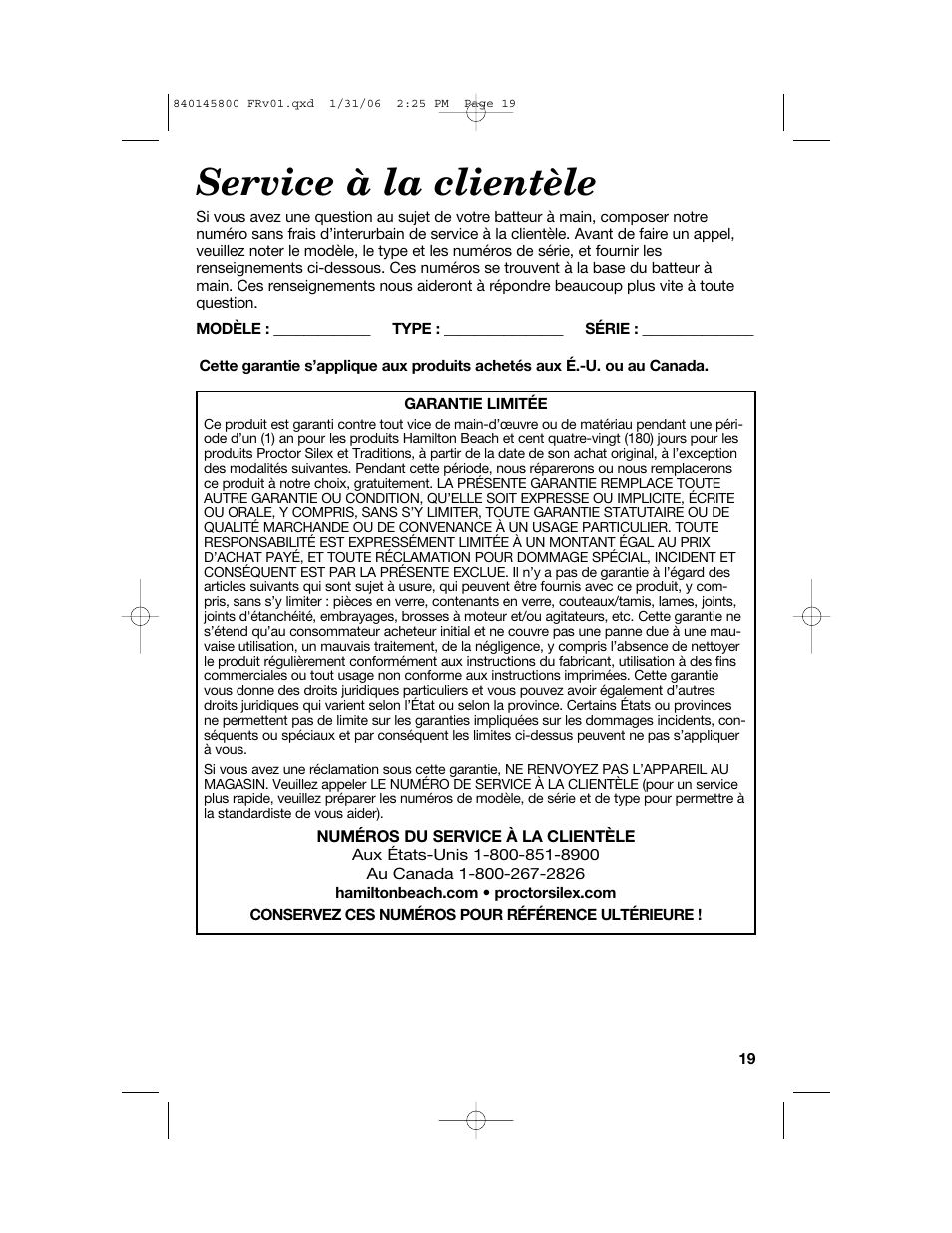 Service à la clientèle | Hamilton Beach 62682 User Manual | Page 19 / 28