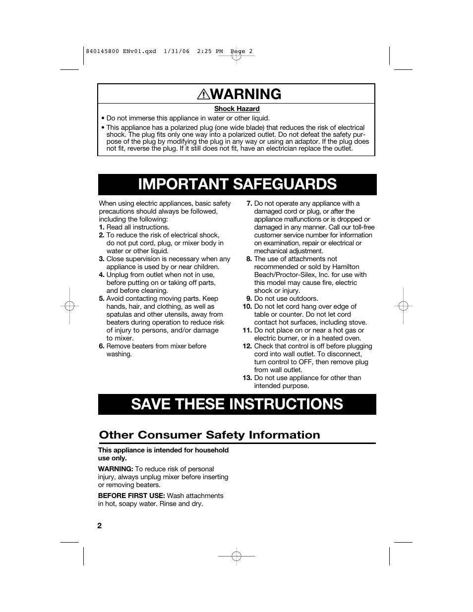 Important safeguards, Save these instructions, Warning | Other consumer safety information | Hamilton Beach 62682 User Manual | Page 2 / 28