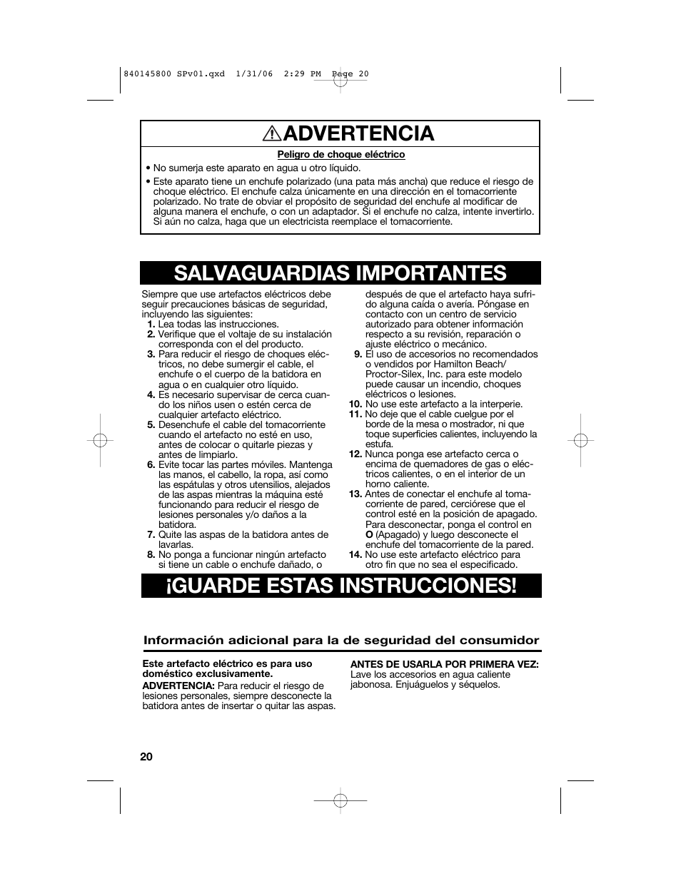 Advertencia | Hamilton Beach 62682 User Manual | Page 20 / 28