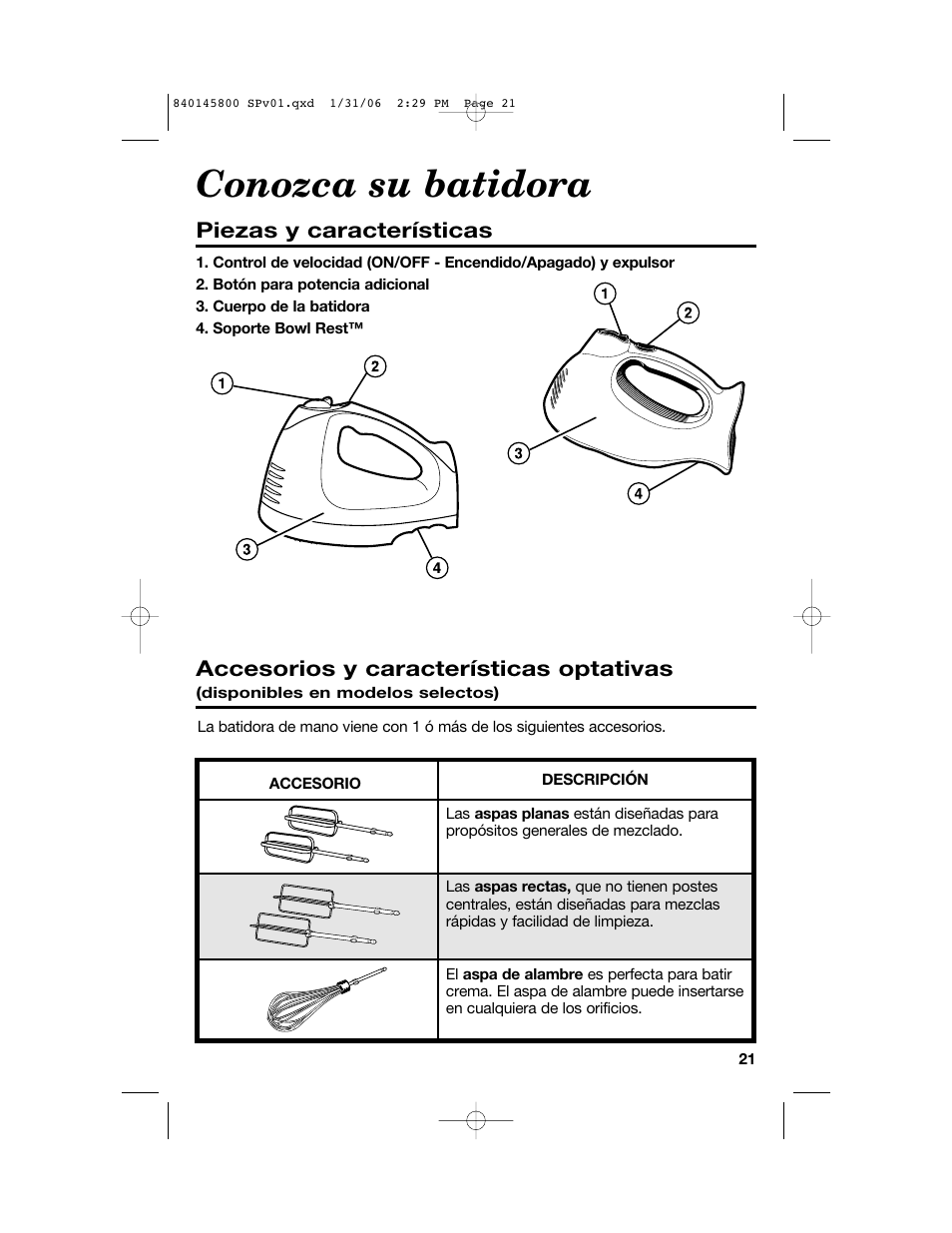 Conozca su batidora, Piezas y características, Accesorios y características optativas | Hamilton Beach 62682 User Manual | Page 21 / 28