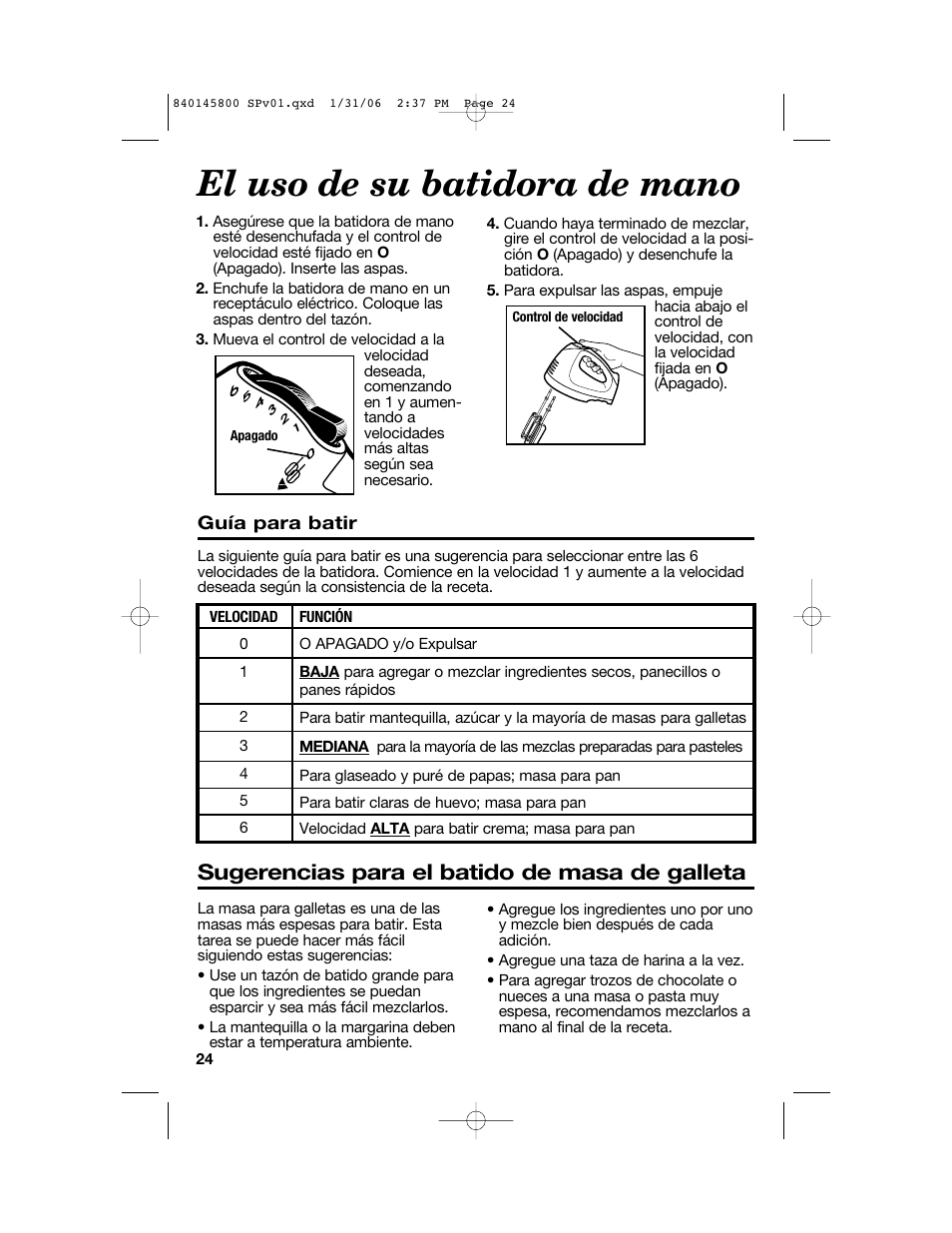 El uso de su batidora de mano, Sugerencias para el batido de masa de galleta | Hamilton Beach 62682 User Manual | Page 24 / 28