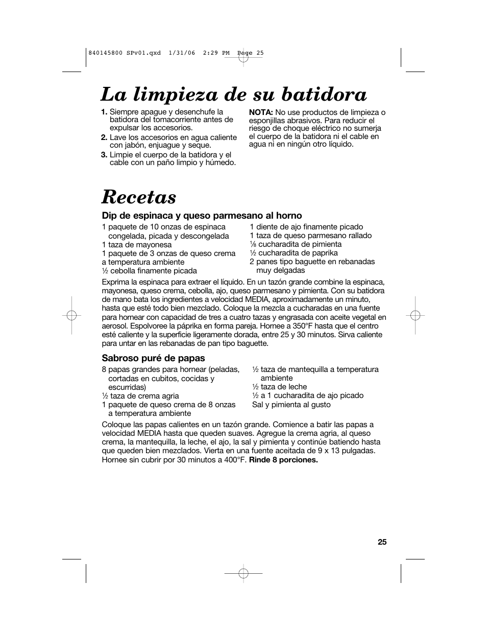 La limpieza de su batidora, Recetas, Dip de espinaca y queso parmesano al horno | Sabroso puré de papas | Hamilton Beach 62682 User Manual | Page 25 / 28