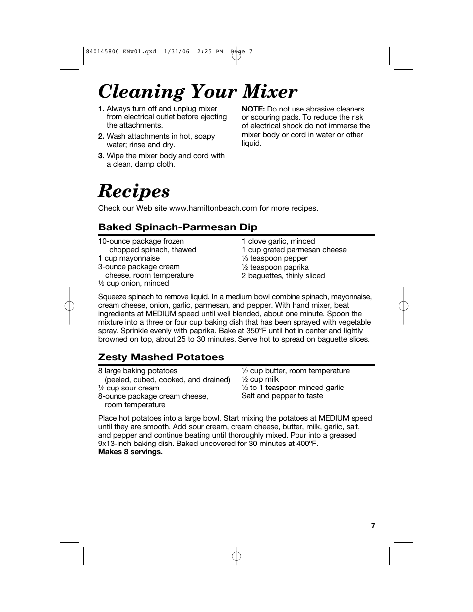 Cleaning your mixer, Recipes, Baked spinach-parmesan dip | Zesty mashed potatoes | Hamilton Beach 62682 User Manual | Page 7 / 28