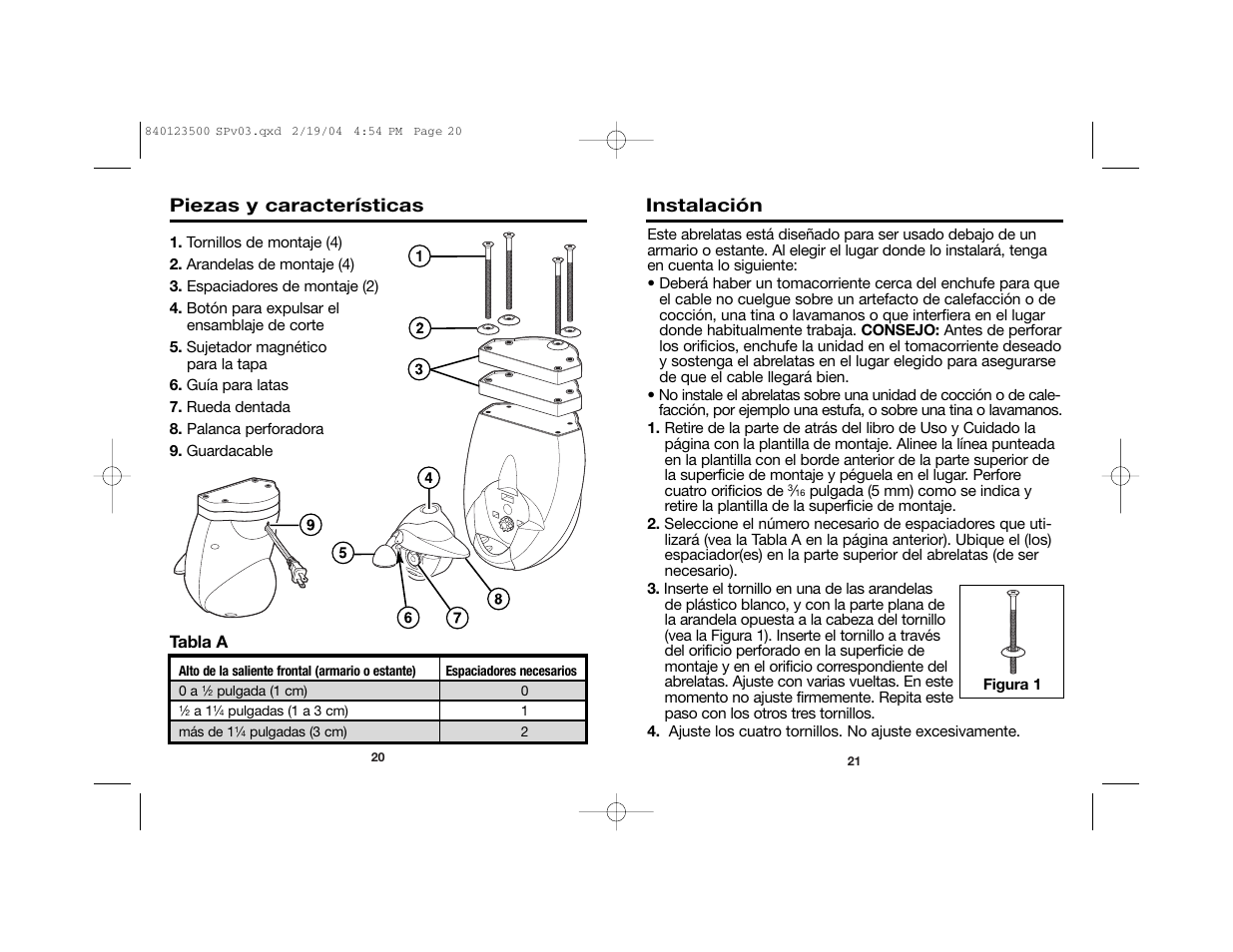 Piezas y características instalación | Hamilton Beach 76475 User Manual | Page 11 / 15