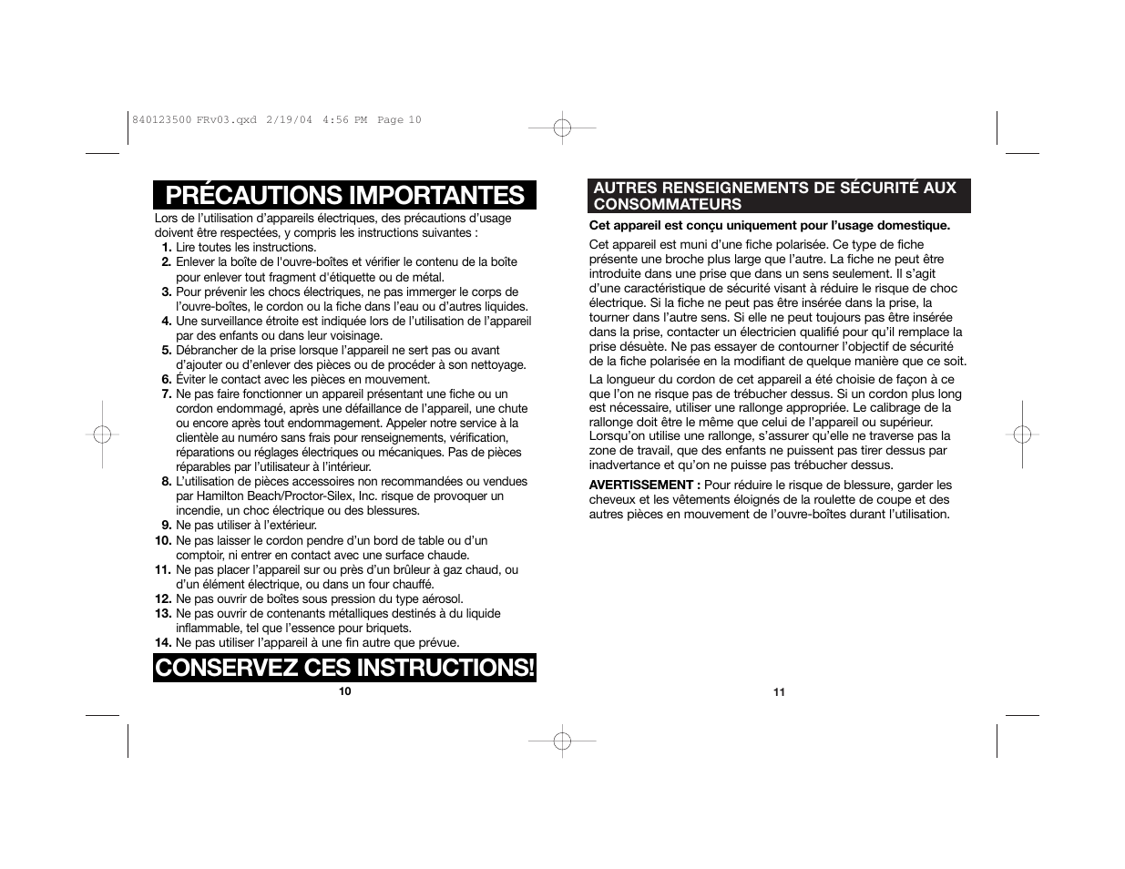 Précautions importantes, Conservez ces instructions | Hamilton Beach 76475 User Manual | Page 6 / 15