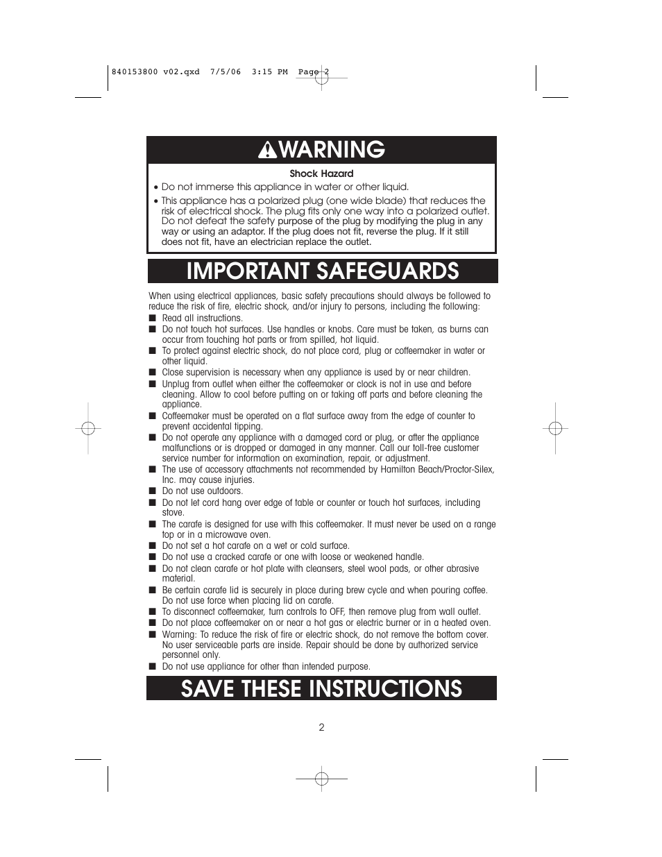 Important safeguards save these instructions, Warning | Hamilton Beach 840153800 User Manual | Page 2 / 12