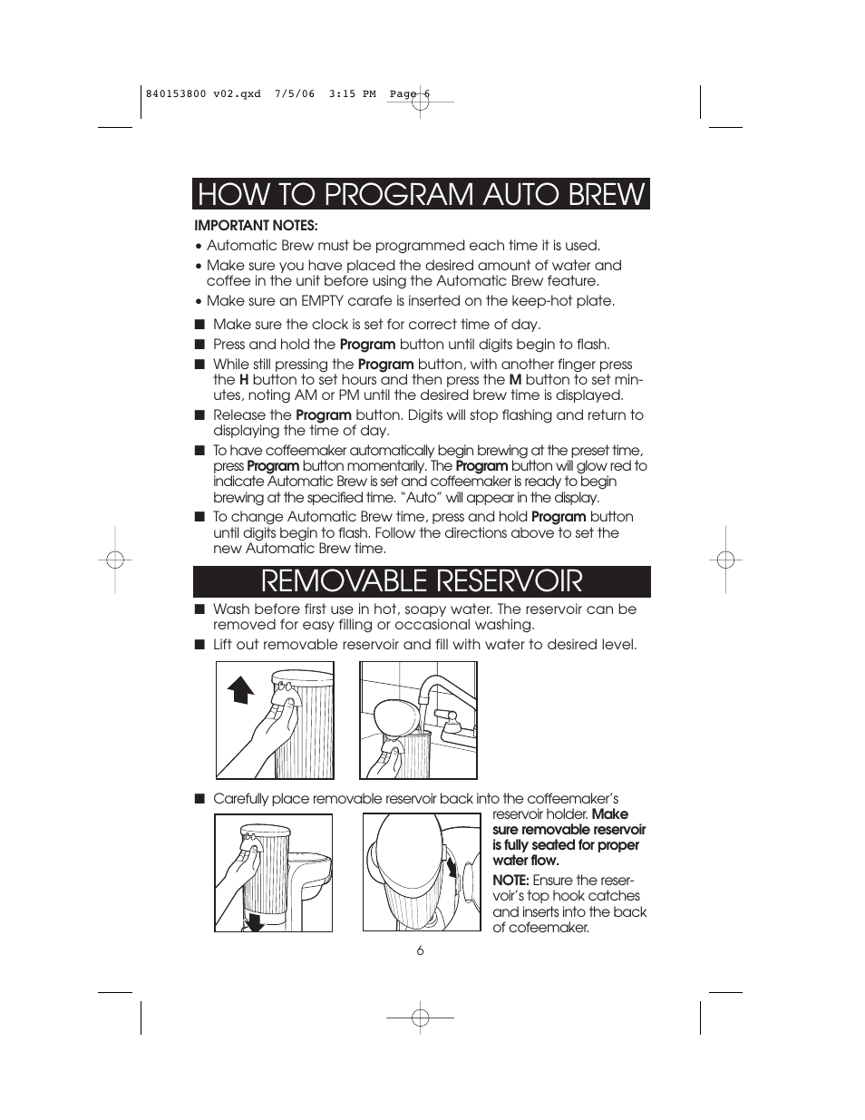 How to program auto brew, Removable reservoir | Hamilton Beach 840153800 User Manual | Page 6 / 12