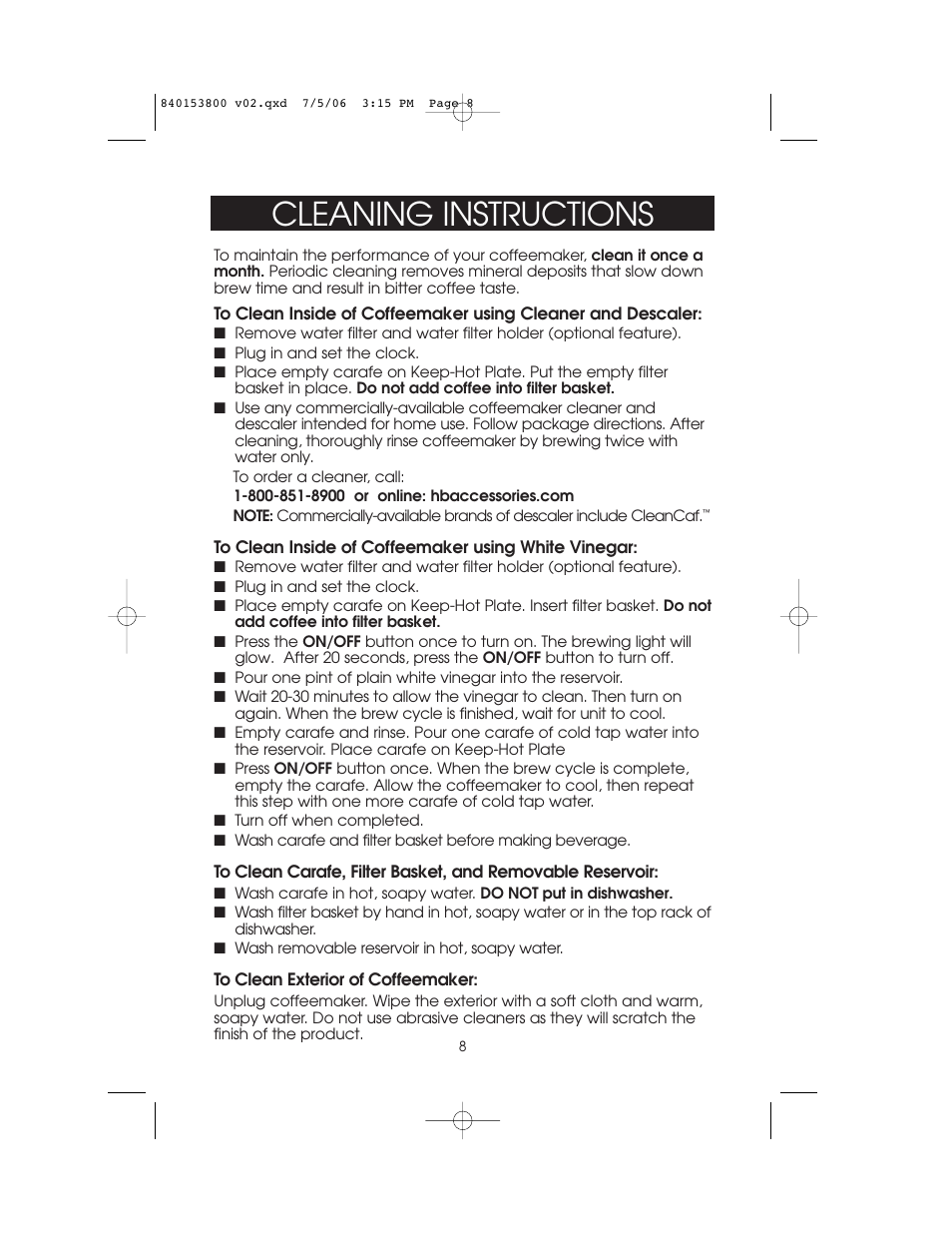 Cleaning instructions | Hamilton Beach 840153800 User Manual | Page 8 / 12