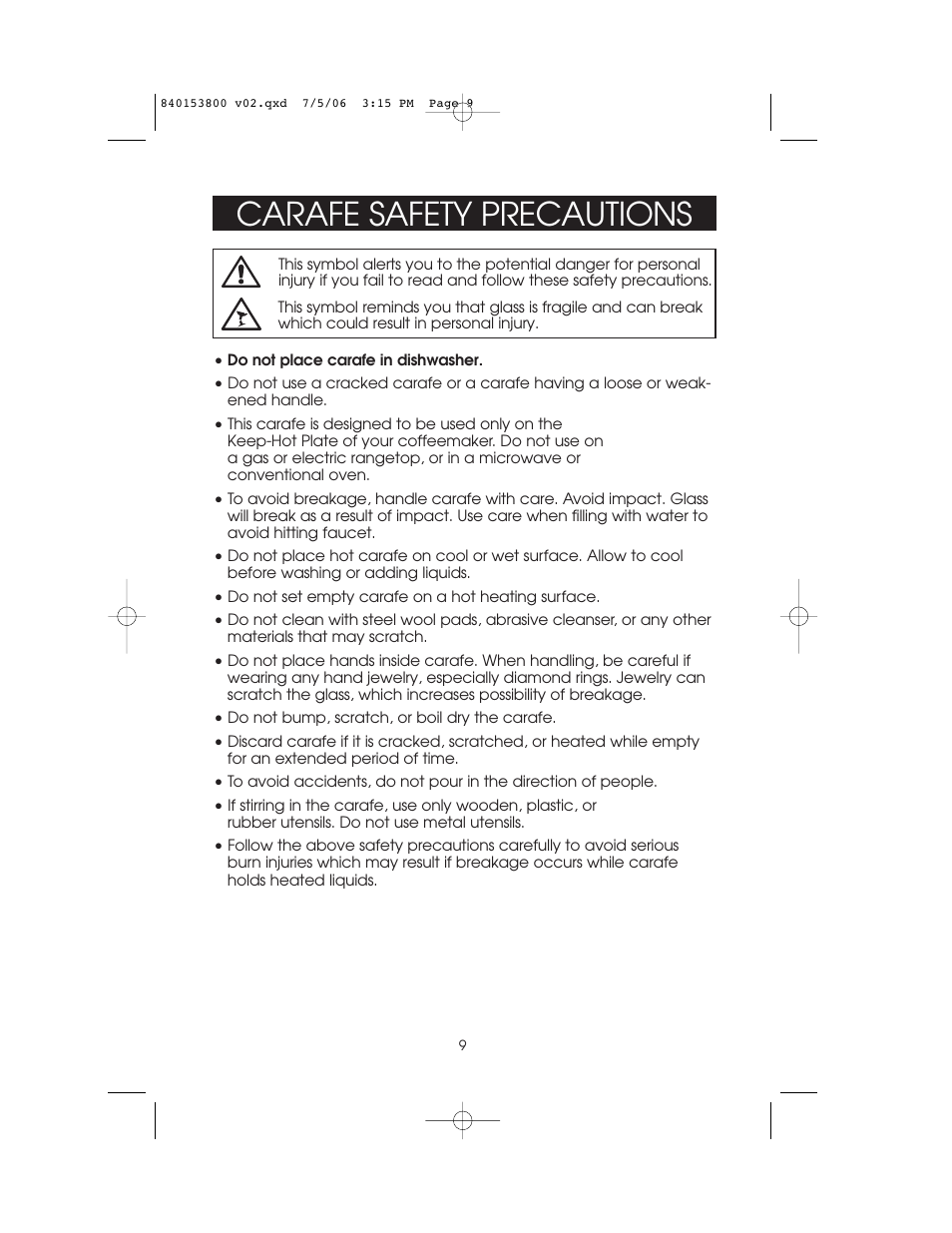 Carafe safety precautions | Hamilton Beach 840153800 User Manual | Page 9 / 12