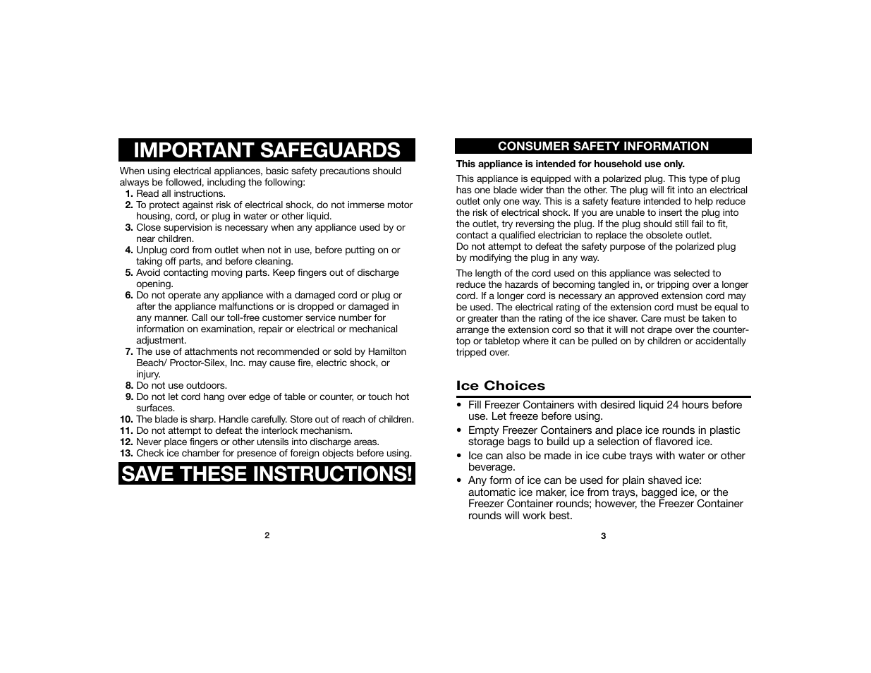 Important safeguards save these instructions | Hamilton Beach Ice Shaver User Manual | Page 2 / 5