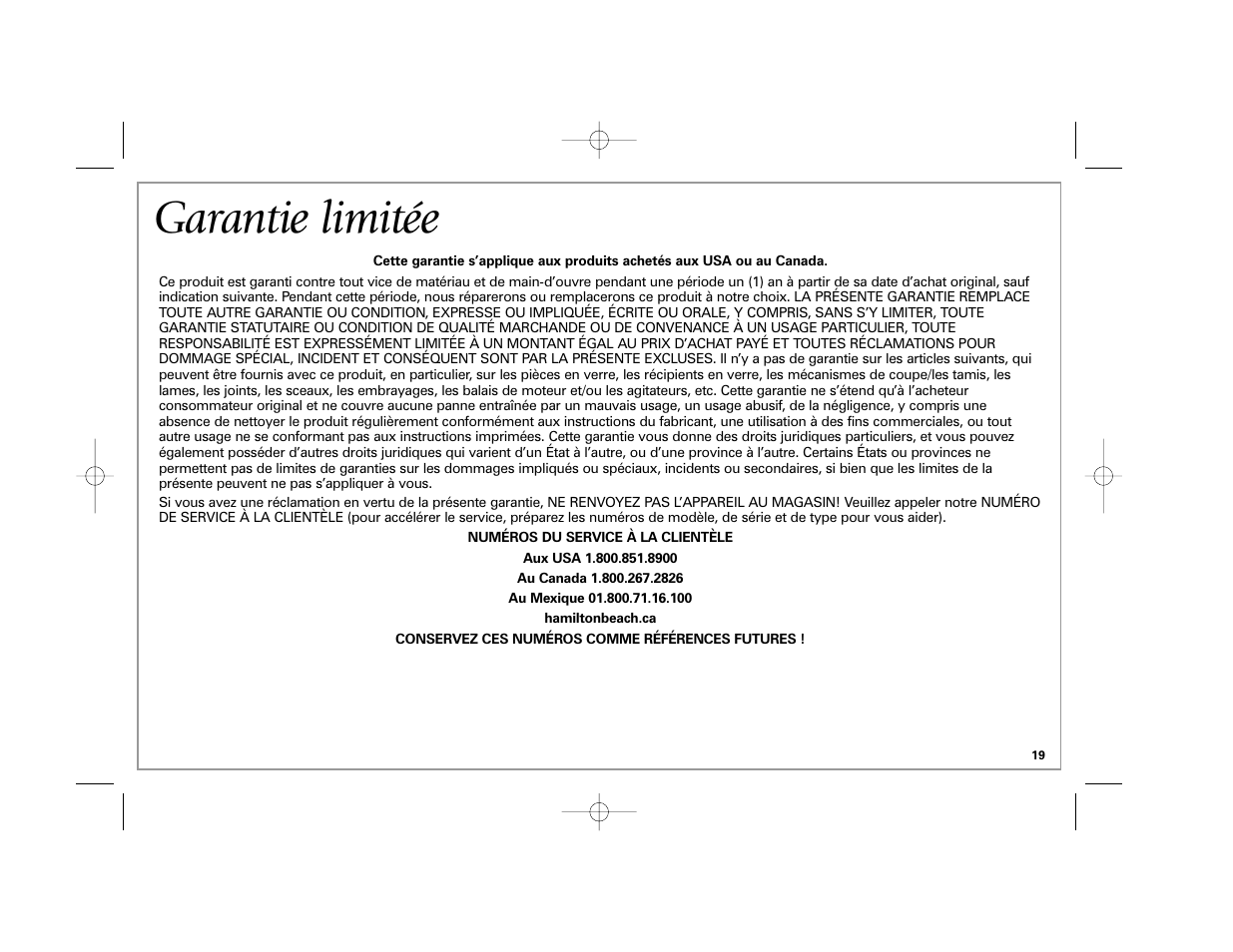 Garantie limitée | Hamilton Beach 33163H User Manual | Page 19 / 32