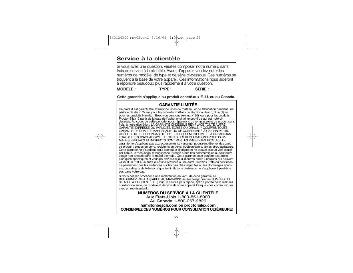 Service à la clientèle | Hamilton Beach 840124300 User Manual | Page 12 / 20