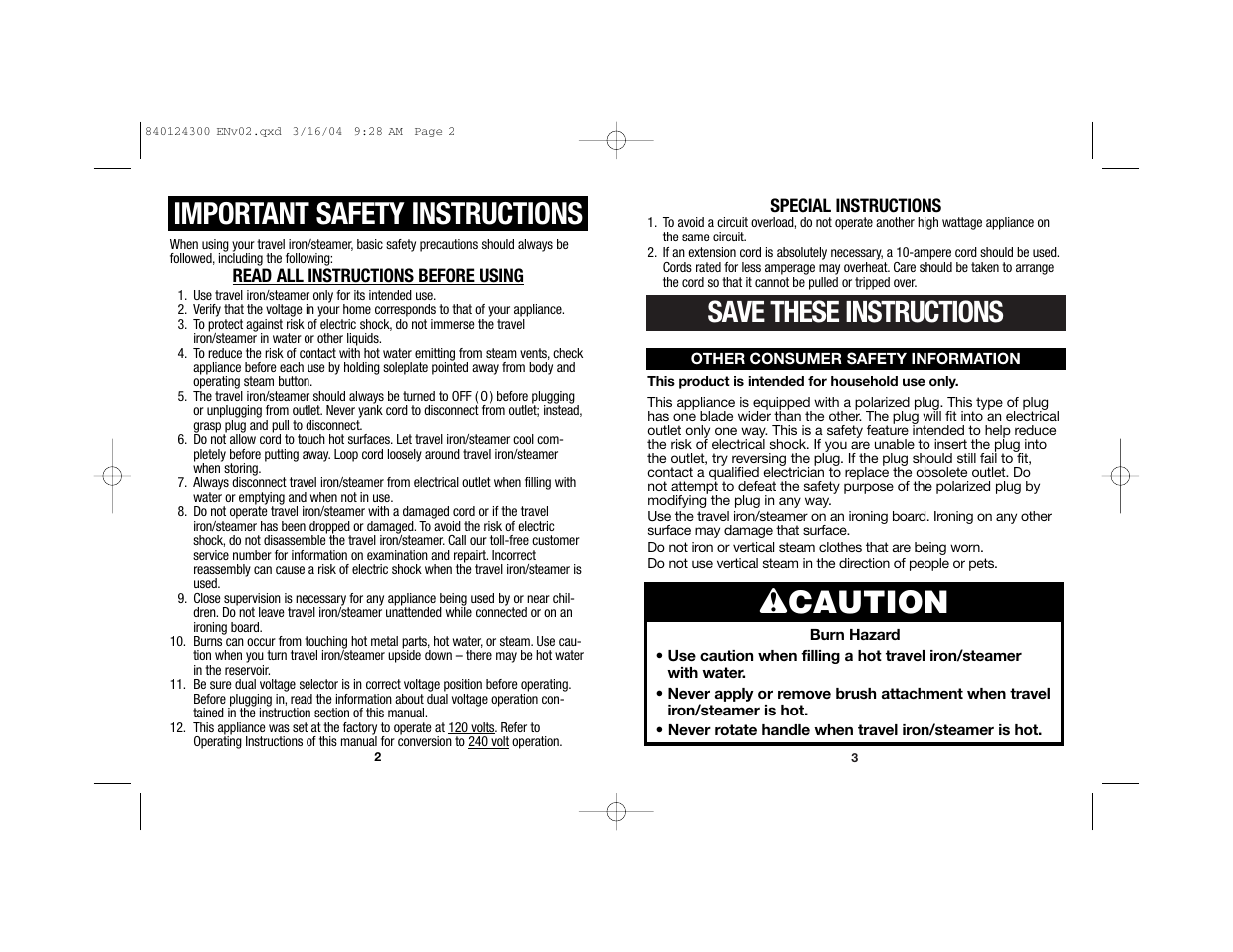 Wcaution, Important safety instructions, Save these instructions | Hamilton Beach 840124300 User Manual | Page 2 / 20
