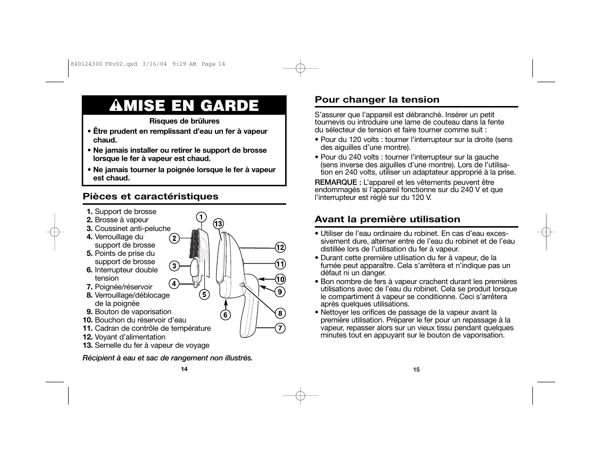Wmise en garde | Hamilton Beach 840124300 User Manual | Page 8 / 20