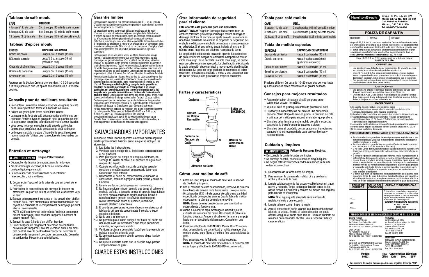 Guarde estas instrucciones, Salvaguardias importantes, Garantie limitée | Partes y características, Otra información de seguridad para el cliente, Entretien et nettoyage, Cuidado y limpieza, Tableau de café moulu, Tableau d’èpices moulu, Conseils pour de meilleurs resultants | Hamilton Beach 840174701 User Manual | Page 2 / 2