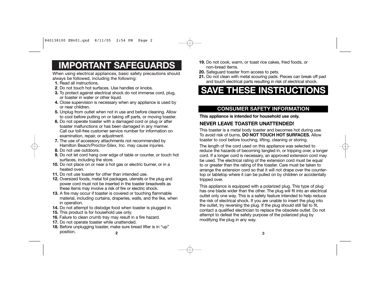 Important safeguards, Save these instructions | Hamilton Beach 22900 User Manual | Page 2 / 17