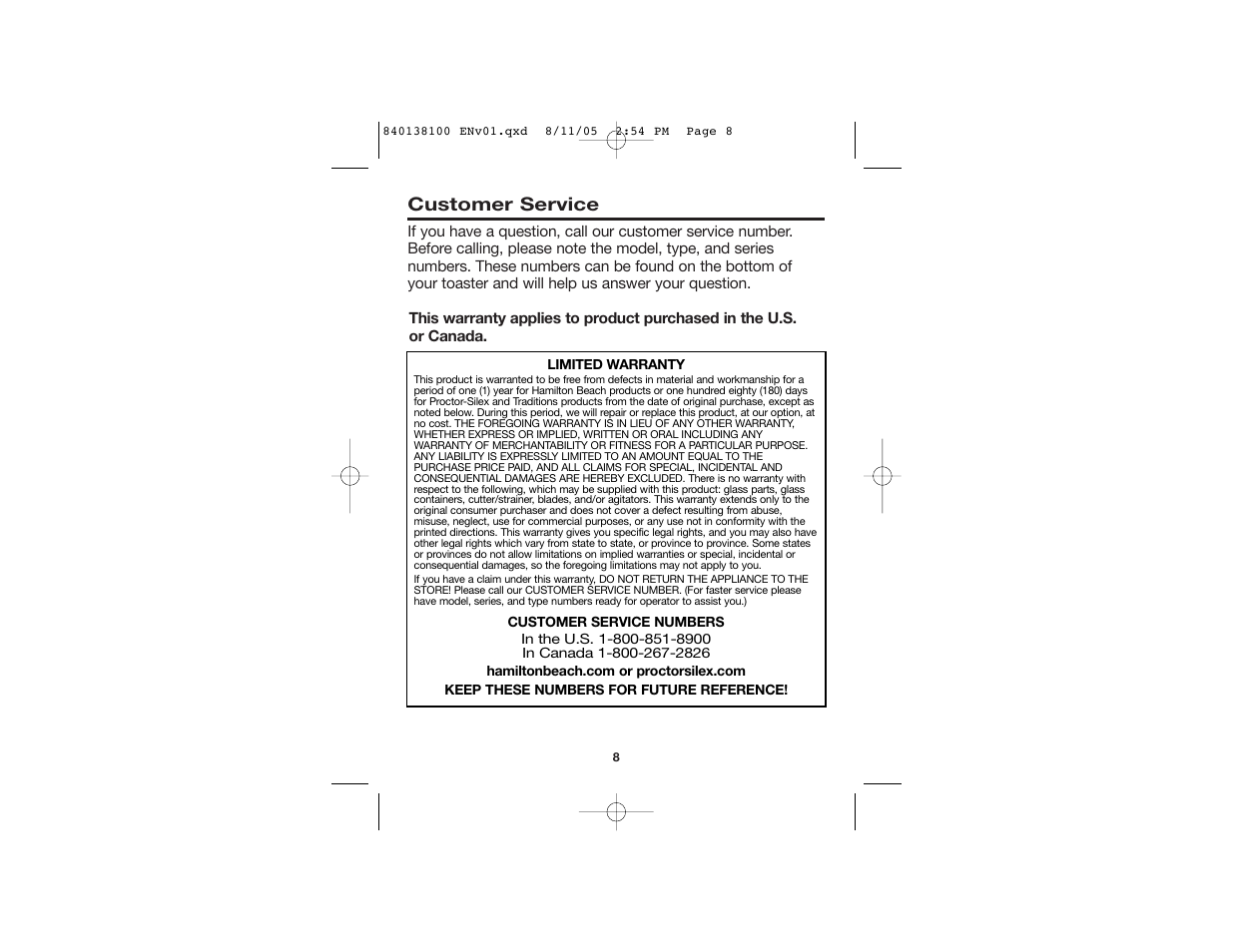 Customer service | Hamilton Beach 22900 User Manual | Page 5 / 17