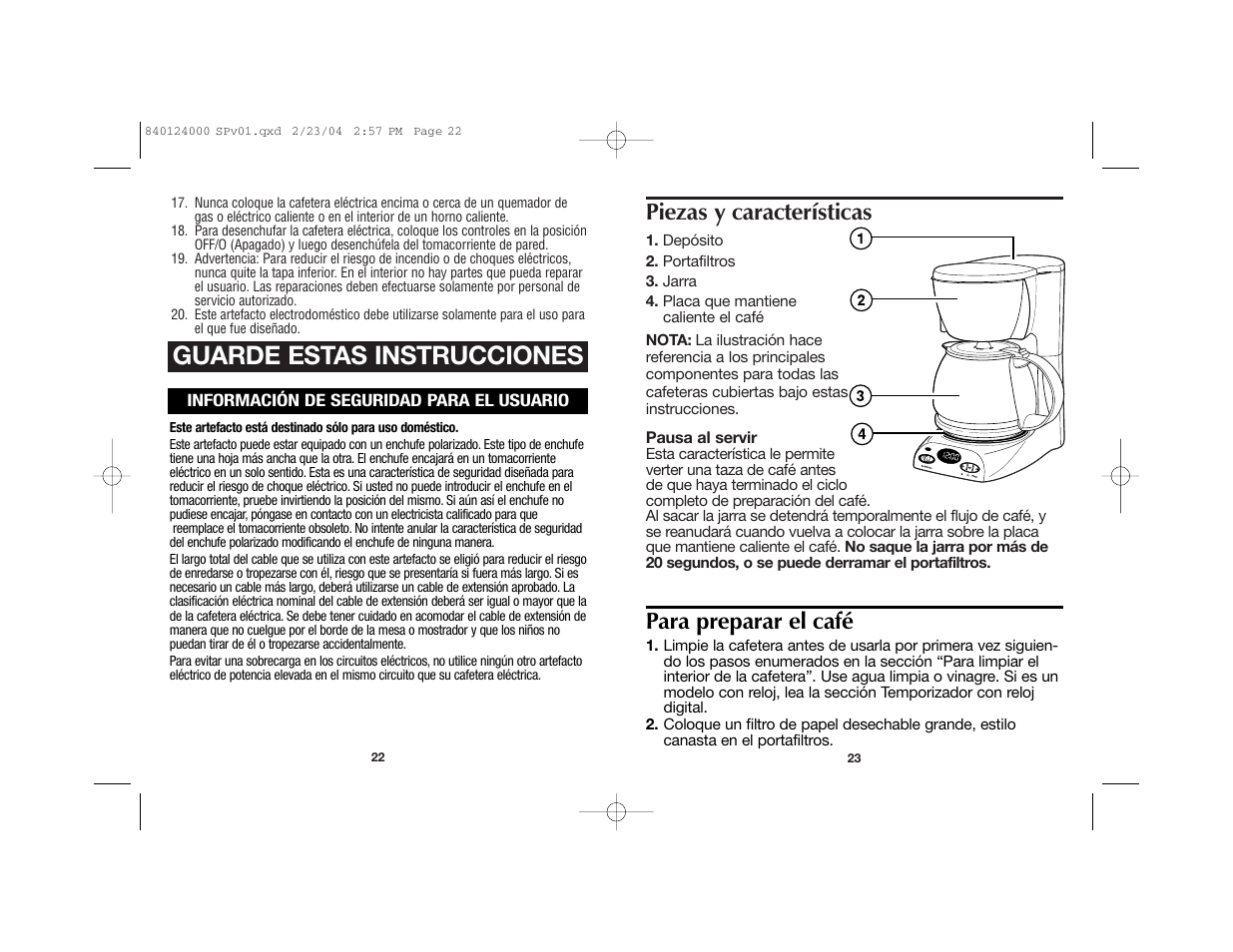Guarde estas instrucciones, Piezas y características, Para preparar el café | Hamilton Beach 44274 User Manual | Page 14 / 19