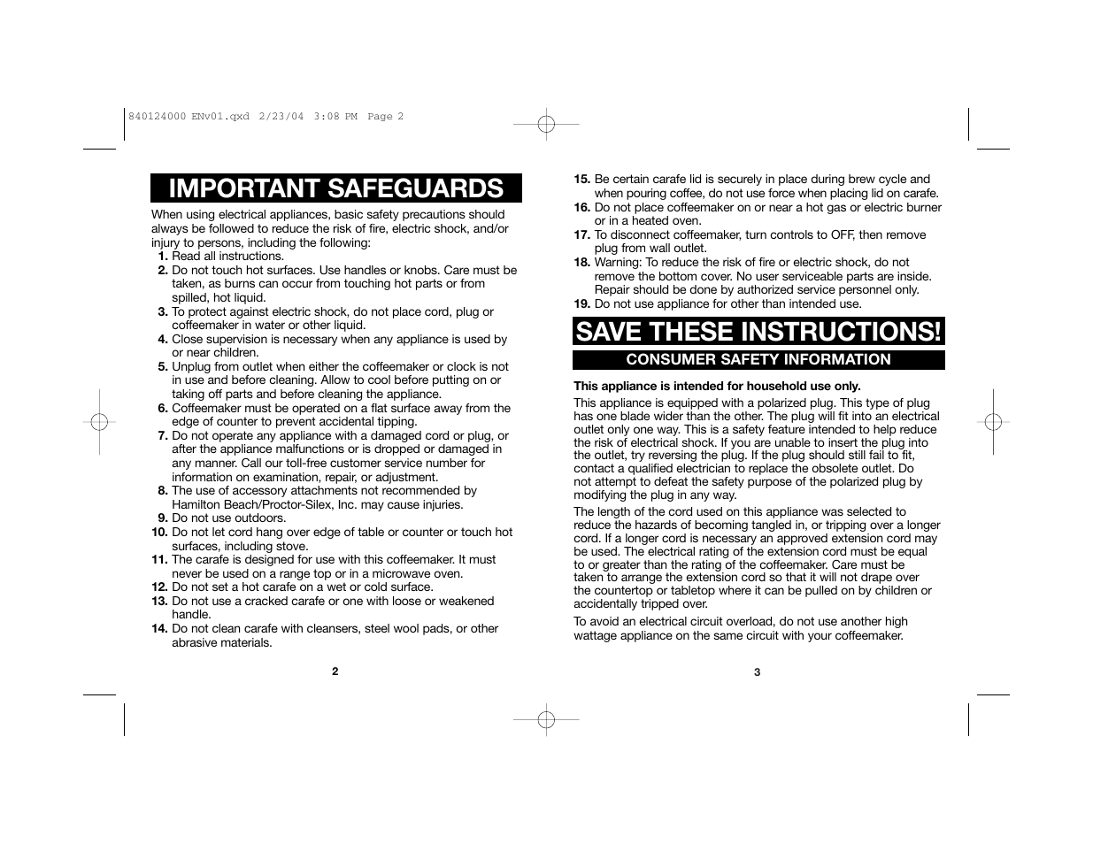 Save these instructions, Important safeguards | Hamilton Beach 44274 User Manual | Page 2 / 19