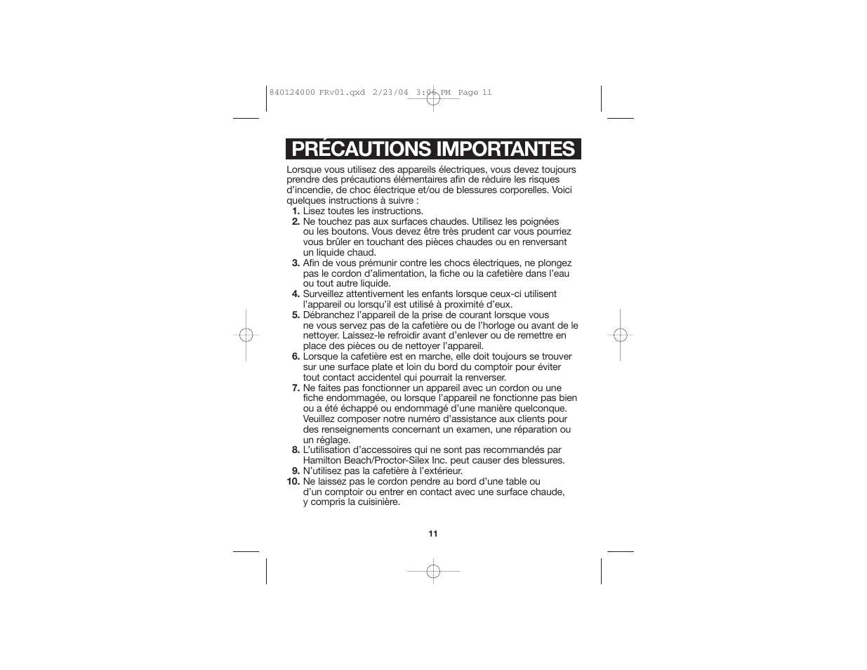 Précautions importantes | Hamilton Beach 44274 User Manual | Page 7 / 19