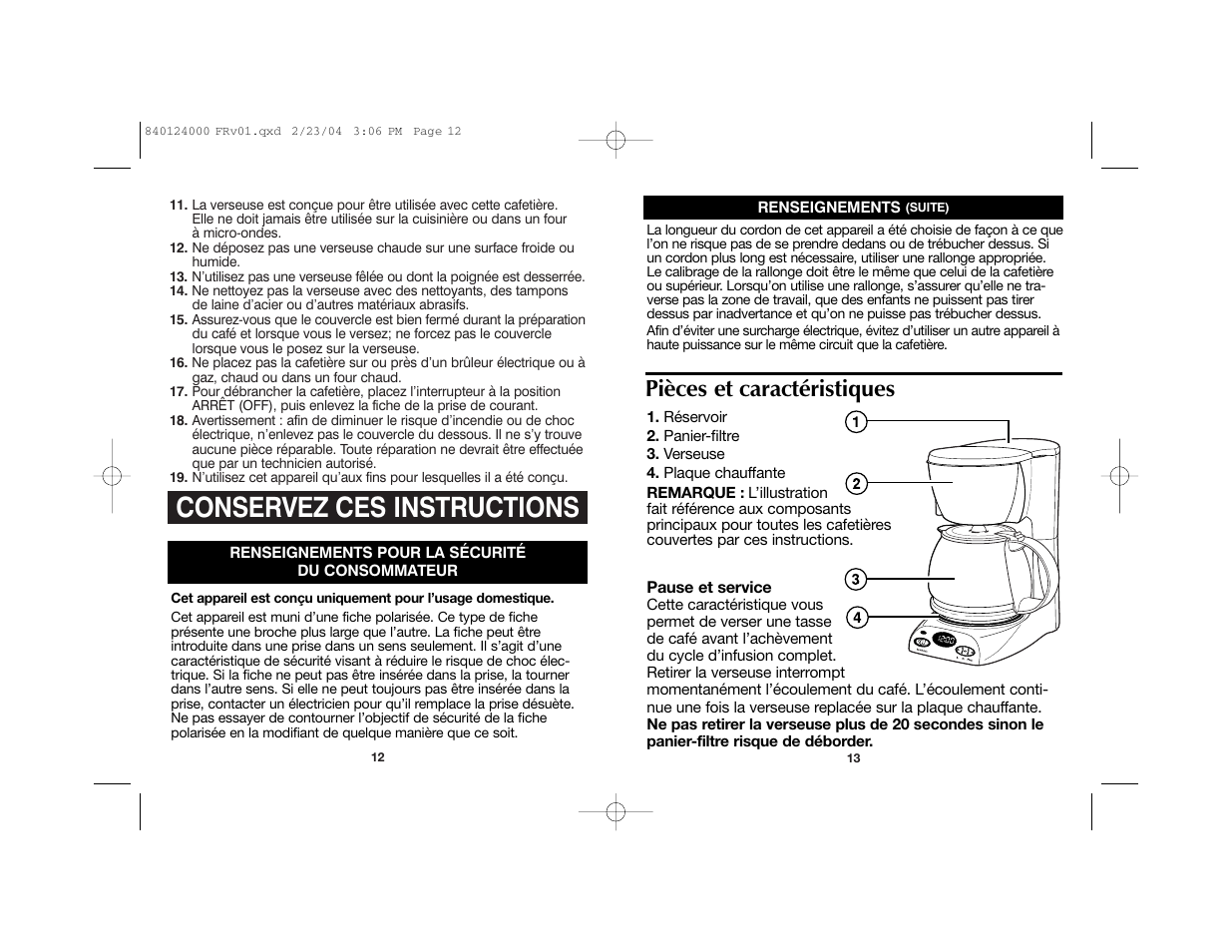 Conservez ces instructions, Pièces et caractéristiques | Hamilton Beach 44274 User Manual | Page 8 / 19