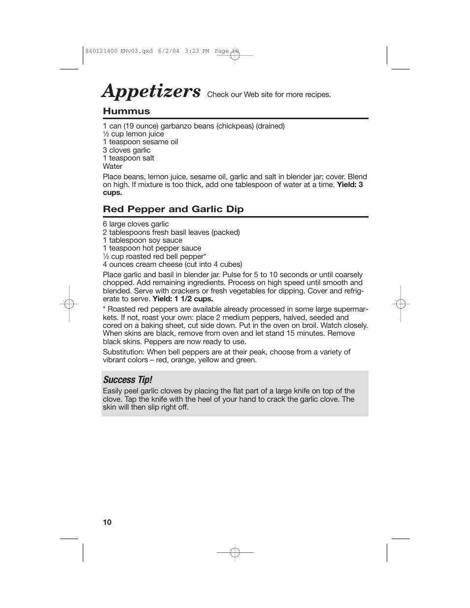 Appetizers, Success tip | Hamilton Beach All-Metal Blender User Manual | Page 10 / 20