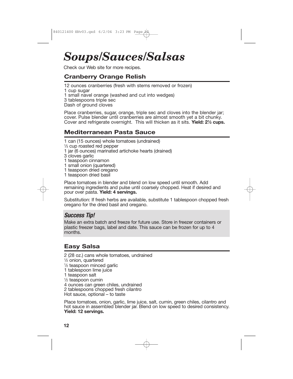 Soups/sauces/salsas, Success tip, Cranberry orange relish | Mediterranean pasta sauce, Easy salsa | Hamilton Beach All-Metal Blender User Manual | Page 12 / 20