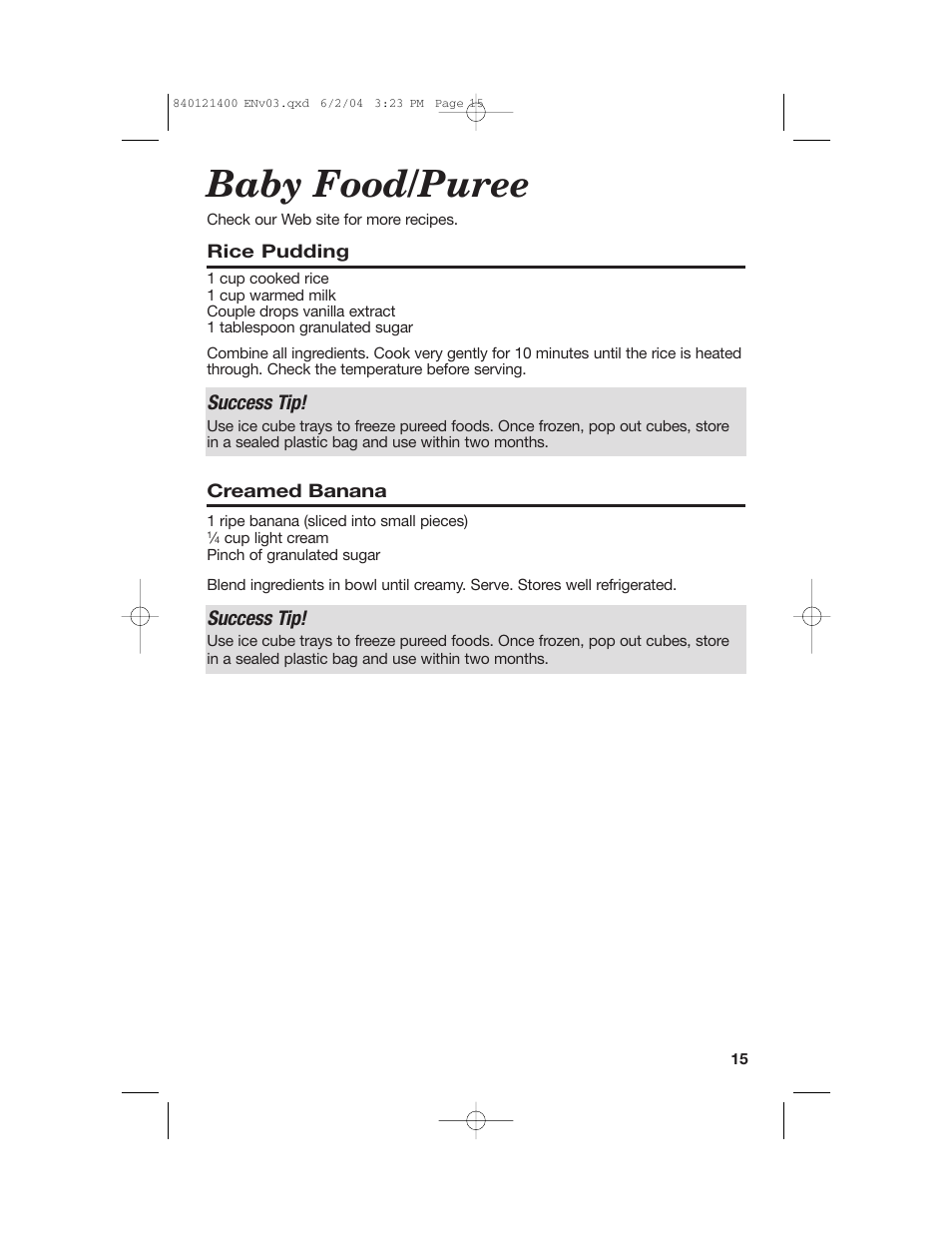 Baby food/puree, Success tip | Hamilton Beach All-Metal Blender User Manual | Page 15 / 20