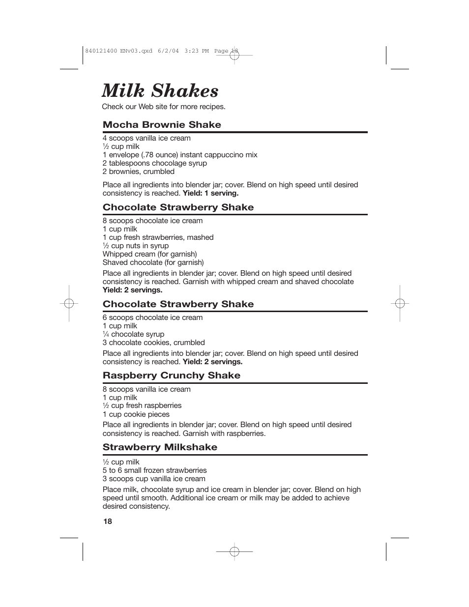 Milk shakes, Mocha brownie shake, Chocolate strawberry shake | Raspberry crunchy shake, Strawberry milkshake | Hamilton Beach All-Metal Blender User Manual | Page 18 / 20